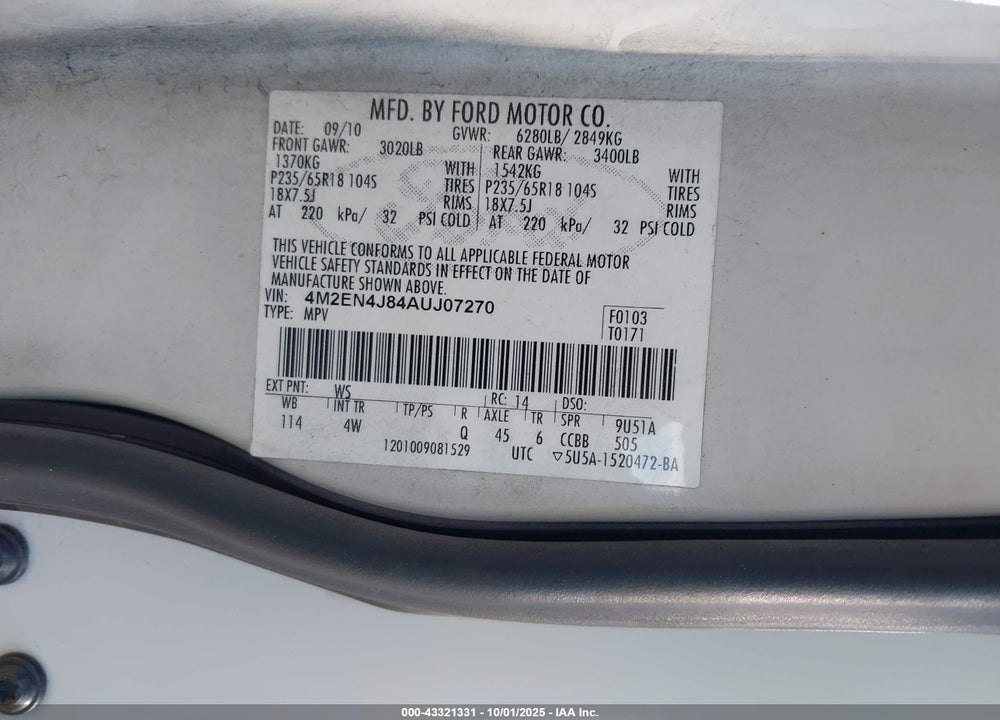 2010 MERCURY MOUNTAINEER VIN: 4M2EN4J84AUJ07270