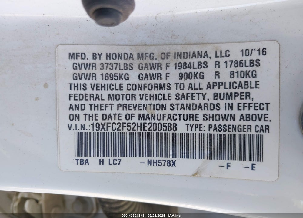 2017 HONDA CIVIC VIN: 19XFC2F52HE200588