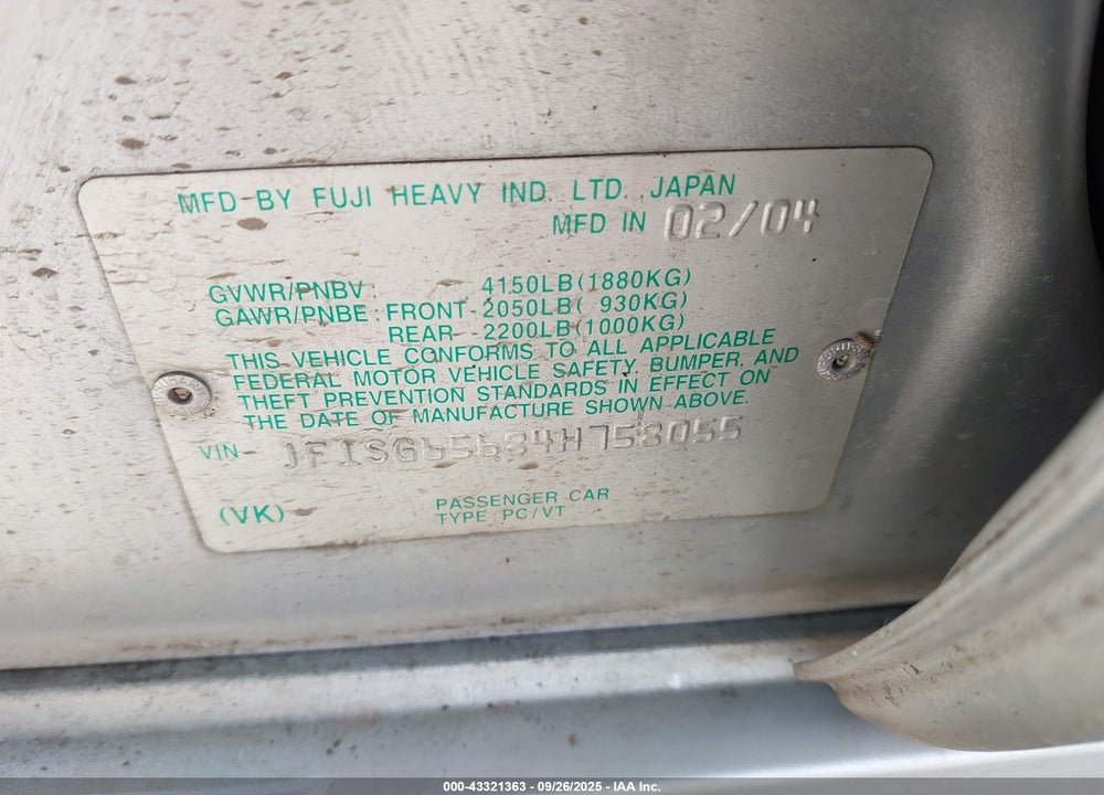 2004 SUBARU FORESTER 2.5XS VIN: JF1SG65684H758055