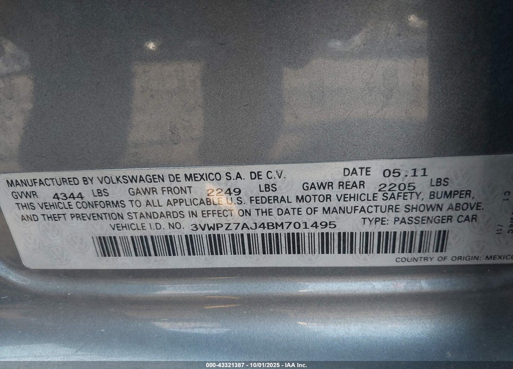 2011 VOLKSWAGEN JETTA SPORTWAGEN 2.5L SE VIN: 3VWPZ7AJ4BM701495
