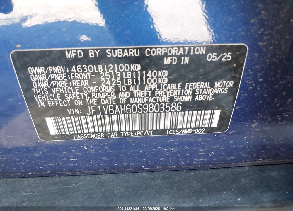2025 SUBARU WRX PREMIUM VIN: JF1VBAH60S9803586