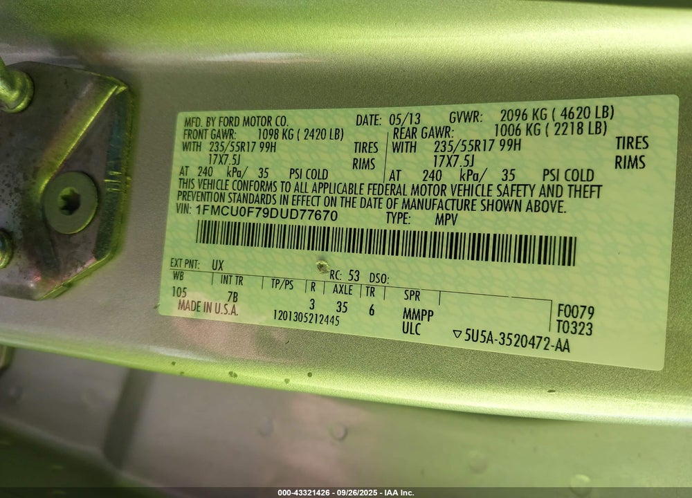 2013 FORD ESCAPE S VIN: 1FMCU0F79DUD77670