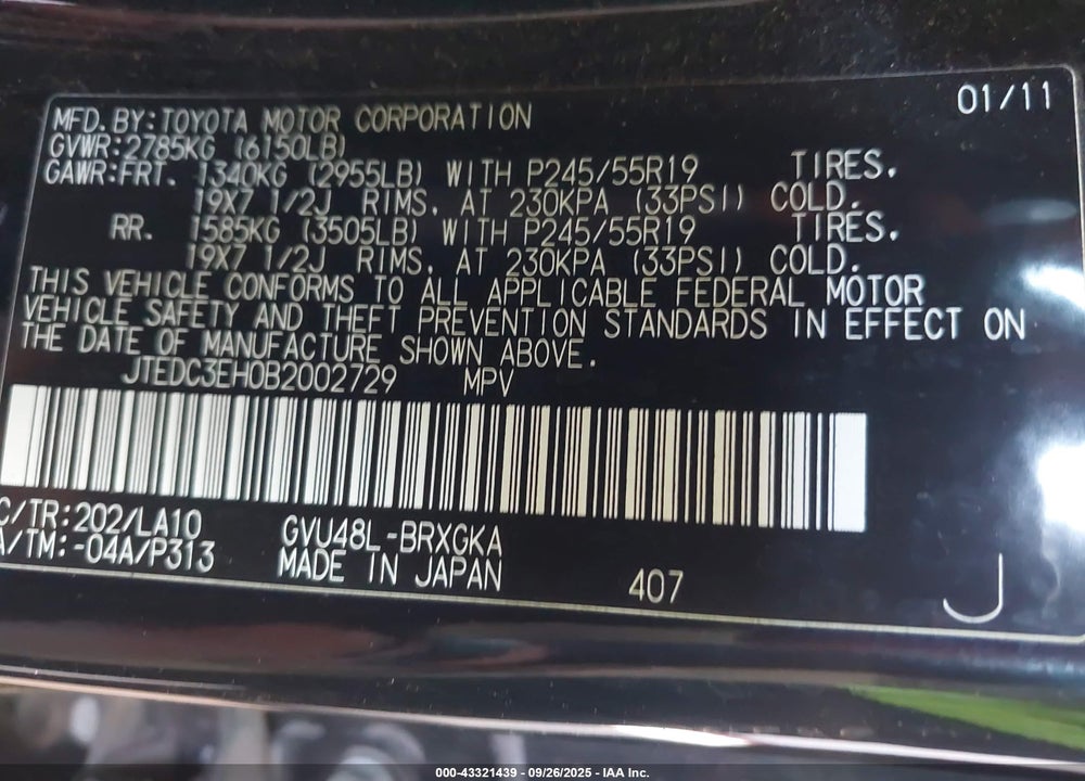 2011 TOYOTA HIGHLANDER HYBRID VIN: JTEDC3EH0B2002729