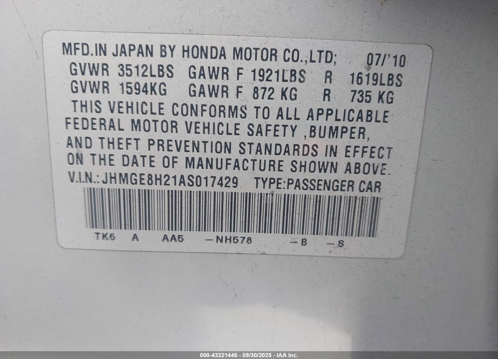 2010 HONDA FIT VIN: JHMGE8H21AS017429