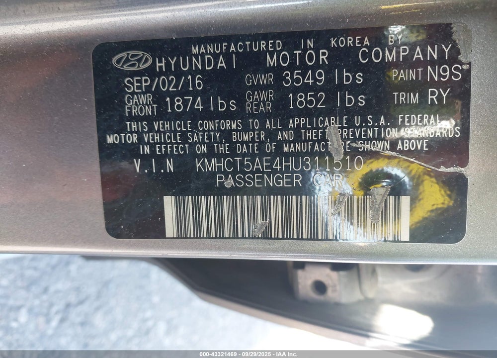 2017 HYUNDAI ACCENT VIN: KMHCT5AE4HU311510