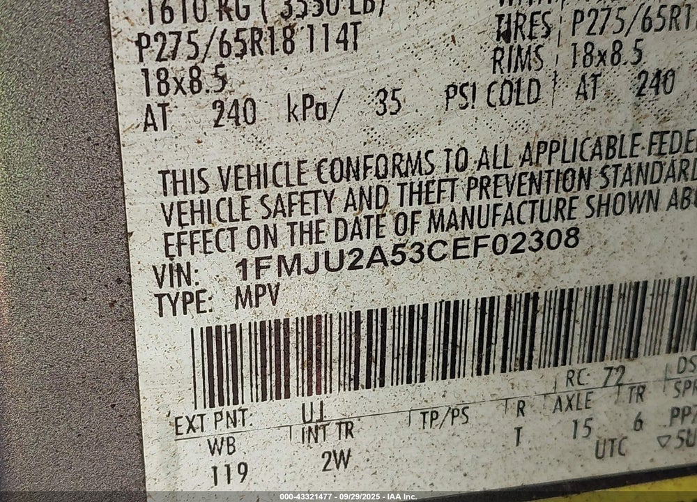 2012 FORD EXPEDITION VIN: 1FMJU2A53CEF02308