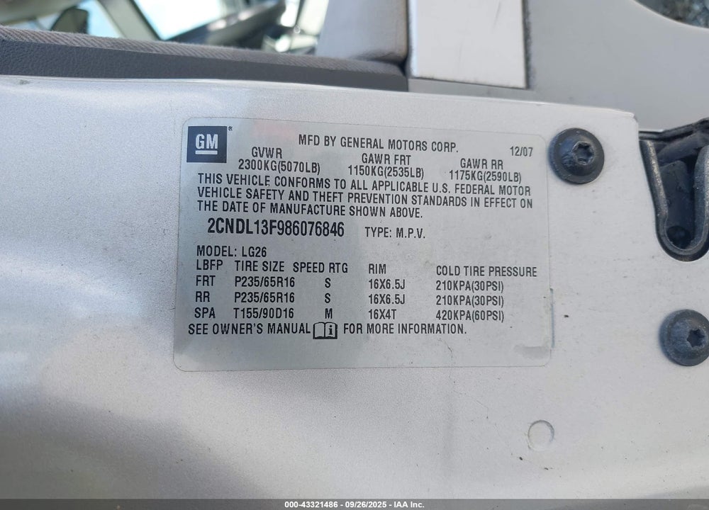 2008 CHEVROLET EQUINOX VIN: 2CNDL13F986076846