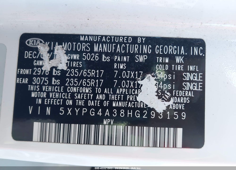 2017 KIA SORENTO VIN: 5XYPG4A38HG293159