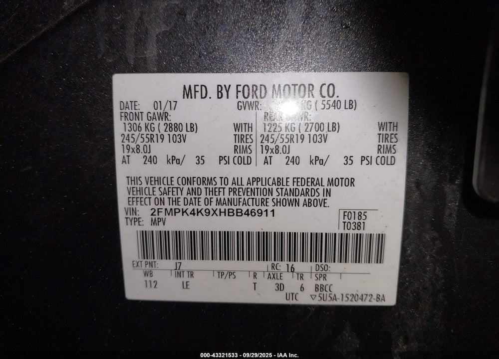2017 FORD EDGE VIN: 2FMPK4K9XHBB46911