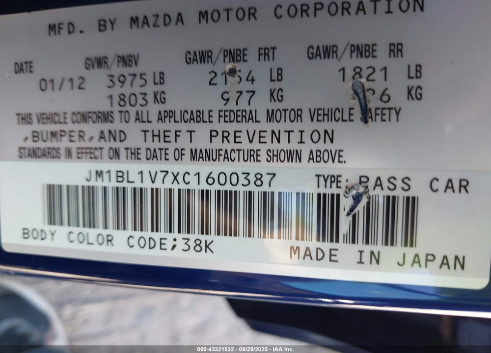 2012 MAZDA 3 VIN: JM1BL1V7XC1600387