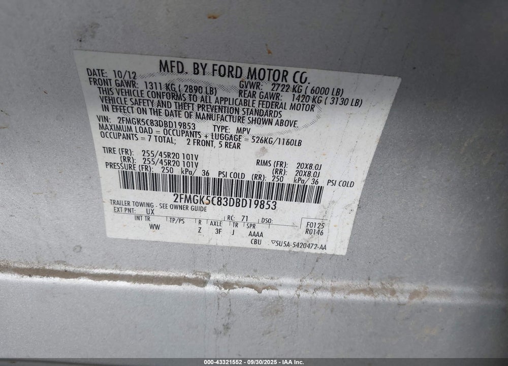 2013 FORD FLEX VIN: 2FMGK5C83DBD19853