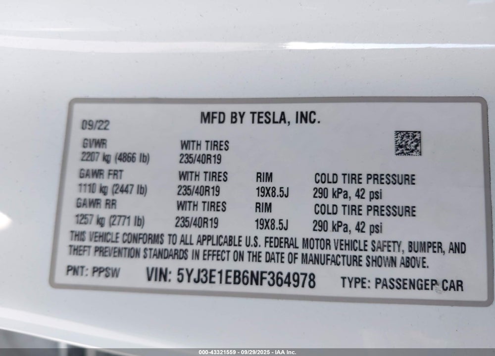 2022 TESLA MODEL 3 LONG RANGE DUAL MOTOR ALL-WHEEL DRIVE VIN: 5YJ3E1EB6NF364978