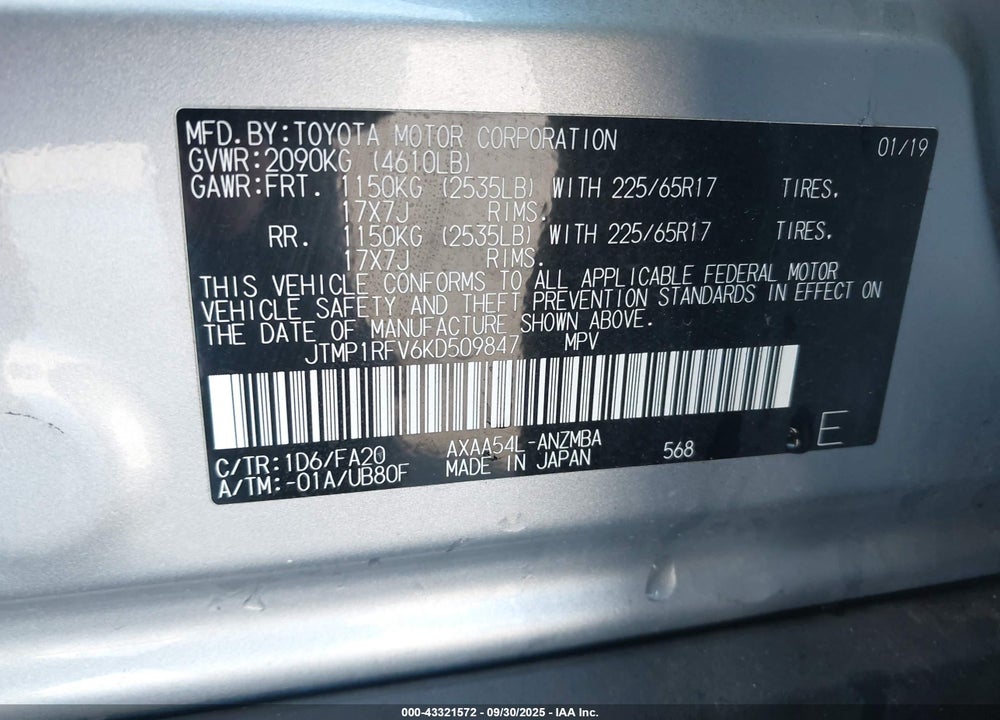 2019 TOYOTA RAV4 XLE VIN: JTMP1RFV6KD509847