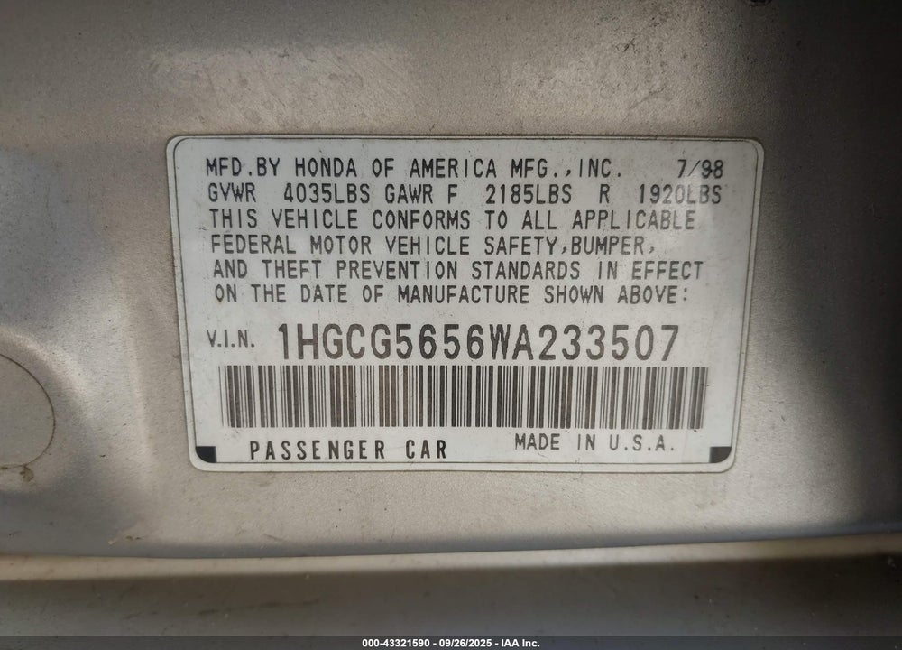 1998 HONDA ACCORD EX VIN: 1HGCG5656WA233507