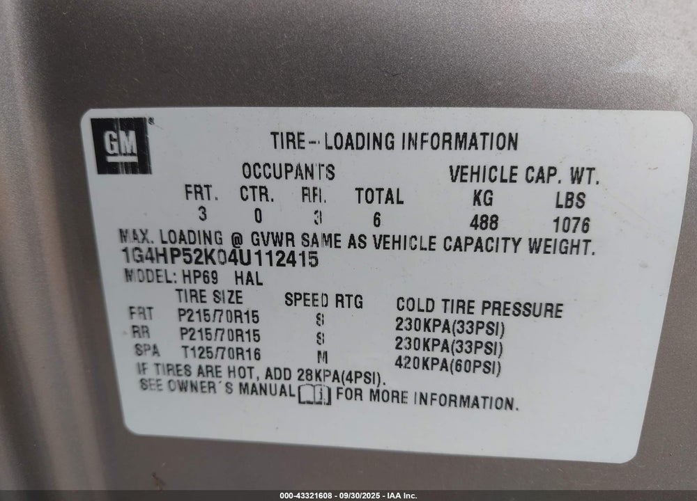 2004 BUICK LESABRE CUSTOM VIN: 1G4HP52K04U112415