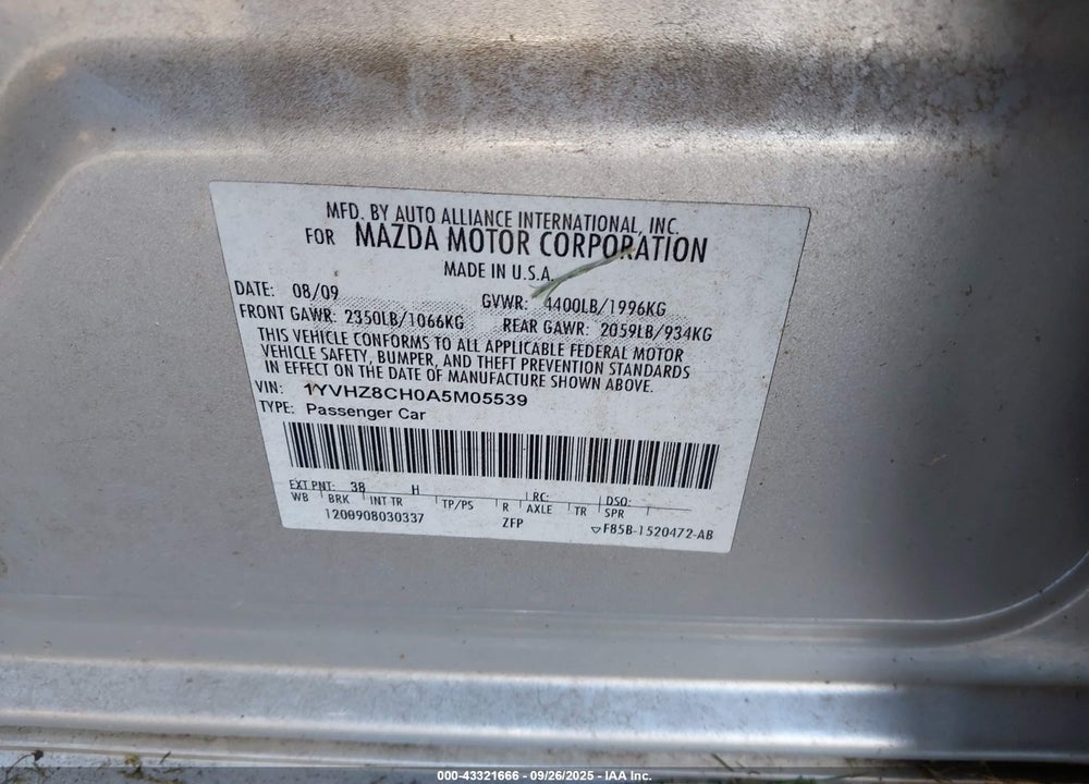 2010 MAZDA 6 VIN: 1YVHZ8CH0A5M05539