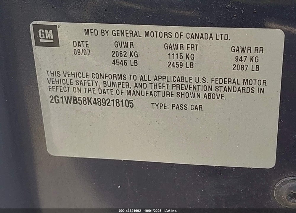 2008 CHEVROLET IMPALA LS VIN: 2G1WB58K489218105