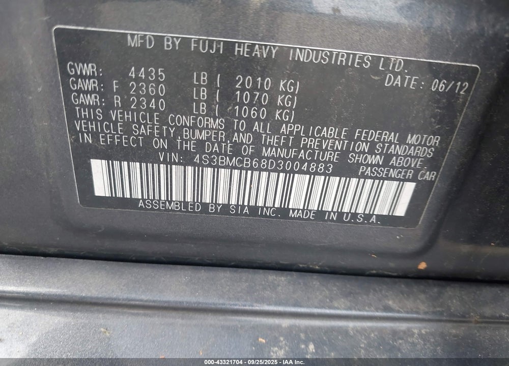 2013 SUBARU LEGACY VIN: 4S3BMCB68D3004883