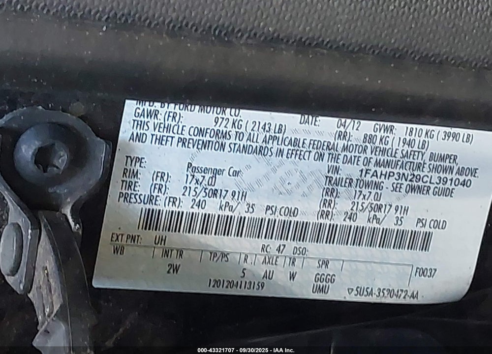 2012 FORD FOCUS VIN: 1FAHP3N29CL391040