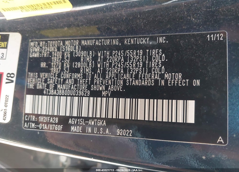 2013 TOYOTA VENZA VIN: 4T3BA3BB0DU039629