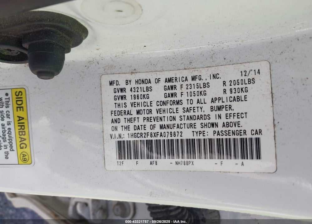 2015 HONDA ACCORD EX-L VIN: 1HGCR2F8XFA079872