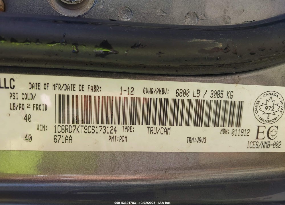 2012 RAM 1500 ST VIN: 1C6RD7KT9CS173124