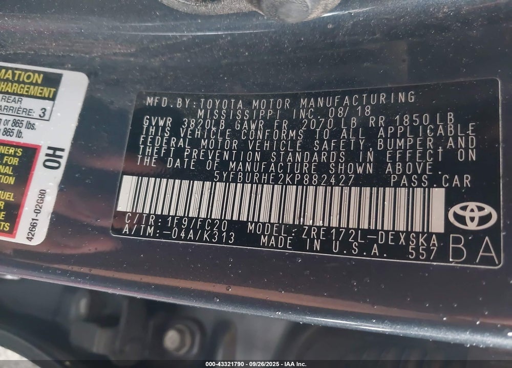 2019 TOYOTA COROLLA VIN: 5YFBURHE2KP882427