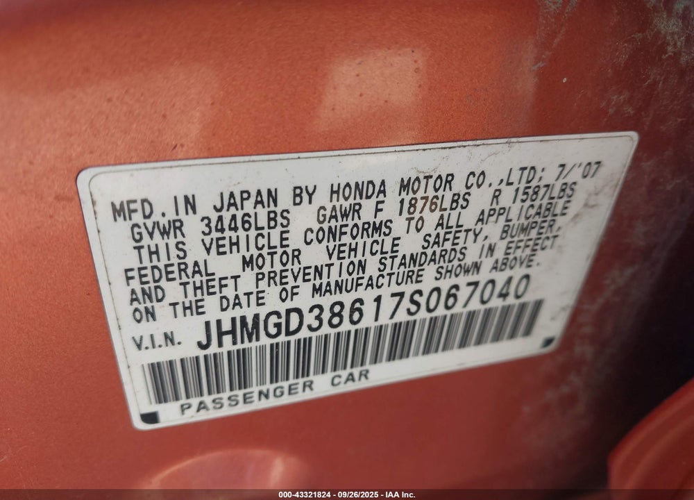 2007 HONDA FIT VIN: JHMGD38617S067040