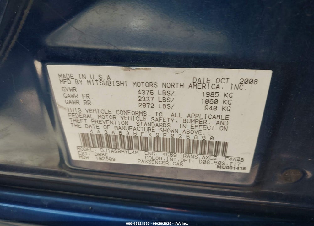 2009 MITSUBISHI GALANT VIN: 4A3AB36FX9E035850