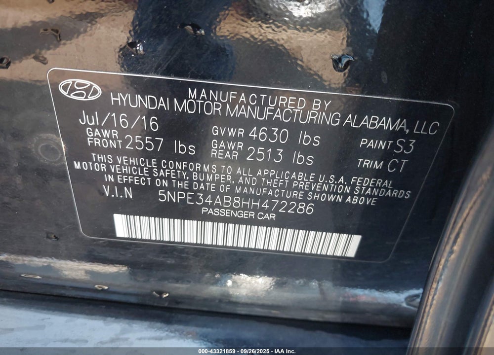 2017 HYUNDAI SONATA VIN: 5NPE34AB8HH472286