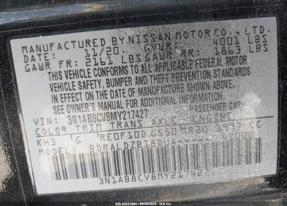 2021 NISSAN SENTRA SV XTRONIC CVT VIN: 3N1AB8CV8MY217427