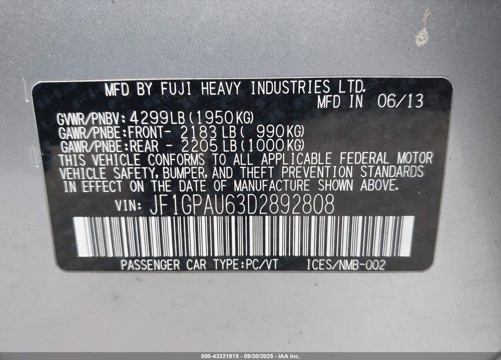 2013 SUBARU IMPREZA 2.0I SPORT LIMITED VIN: JF1GPAU63D2892808