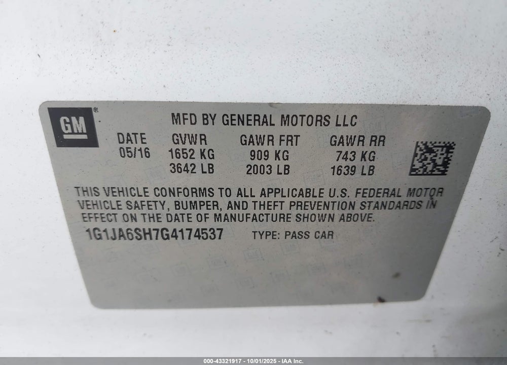2016 CHEVROLET SONIC VIN: 1G1JA6SH7G4174537