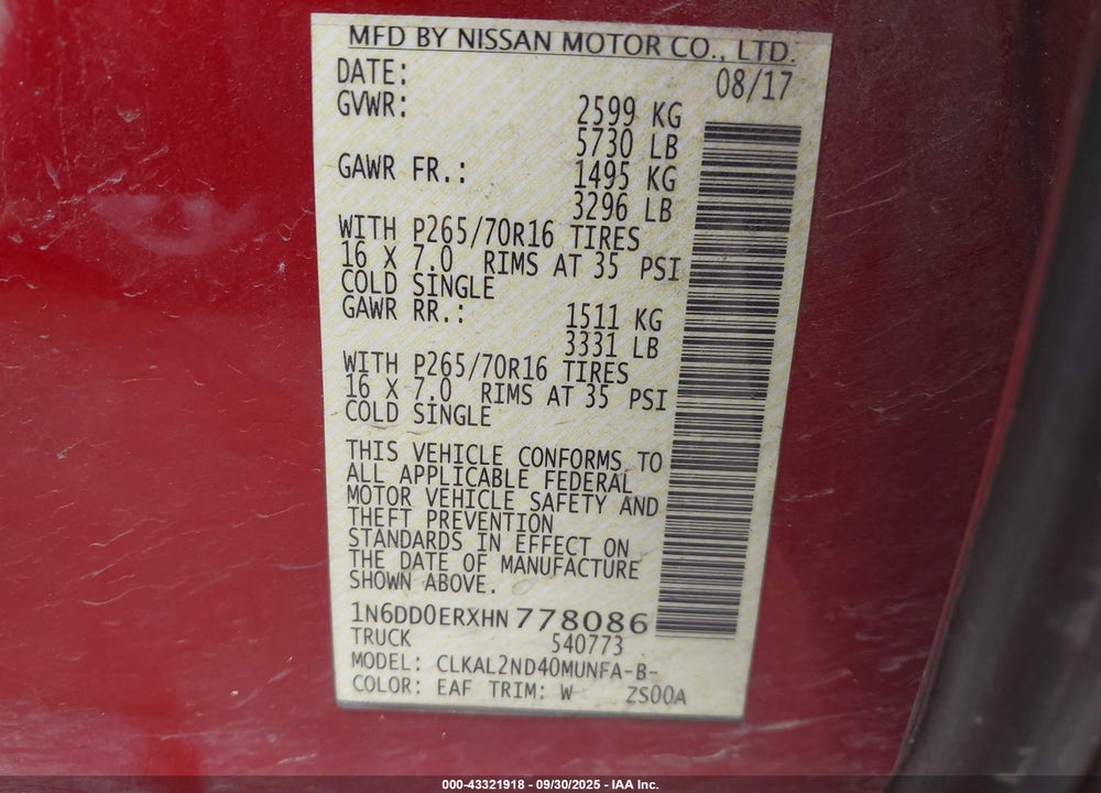2017 NISSAN FRONTIER SV VIN: 1N6DD0ERXHN778086