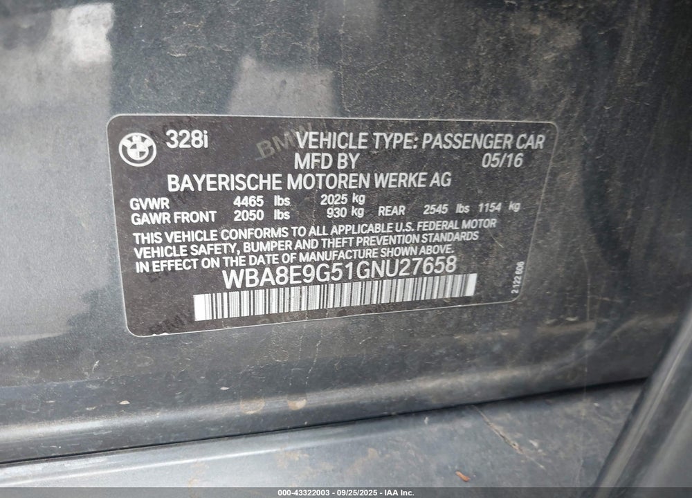 2016 BMW 3 SERIES VIN: WBA8E9G51GNU27658