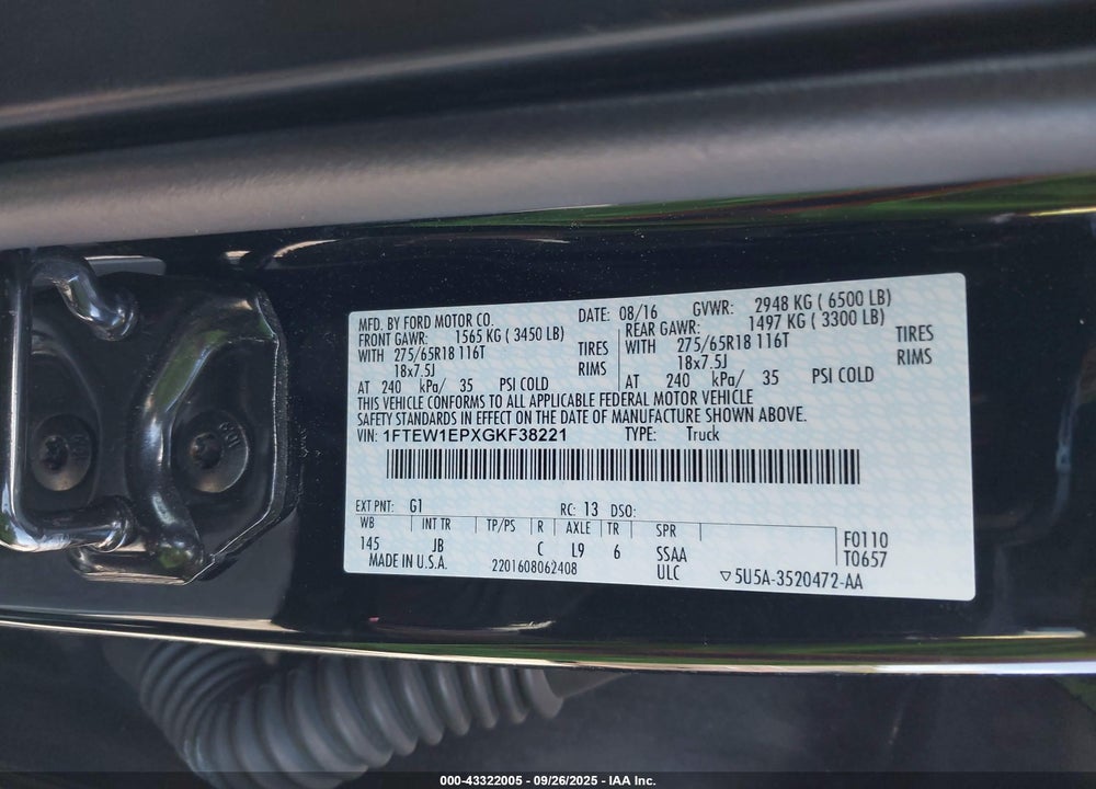 2016 FORD F-150 XLT VIN: 1FTEW1EPXGKF38221