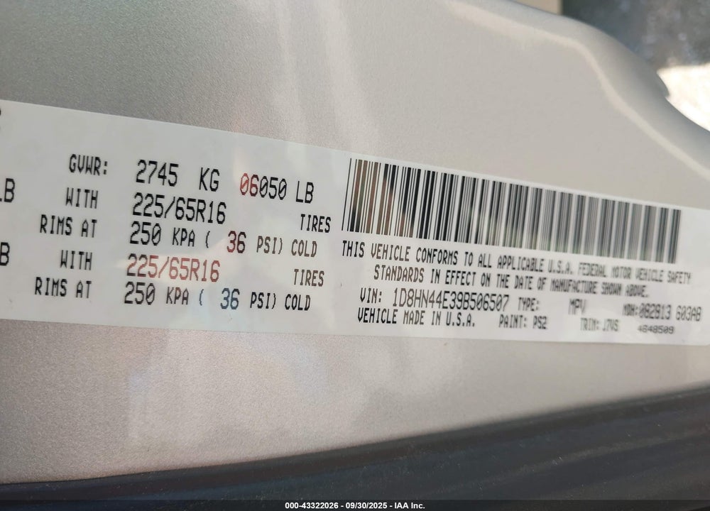 2009 DODGE GRAND CARAVAN SE VIN: 1D8HN44E39B506507
