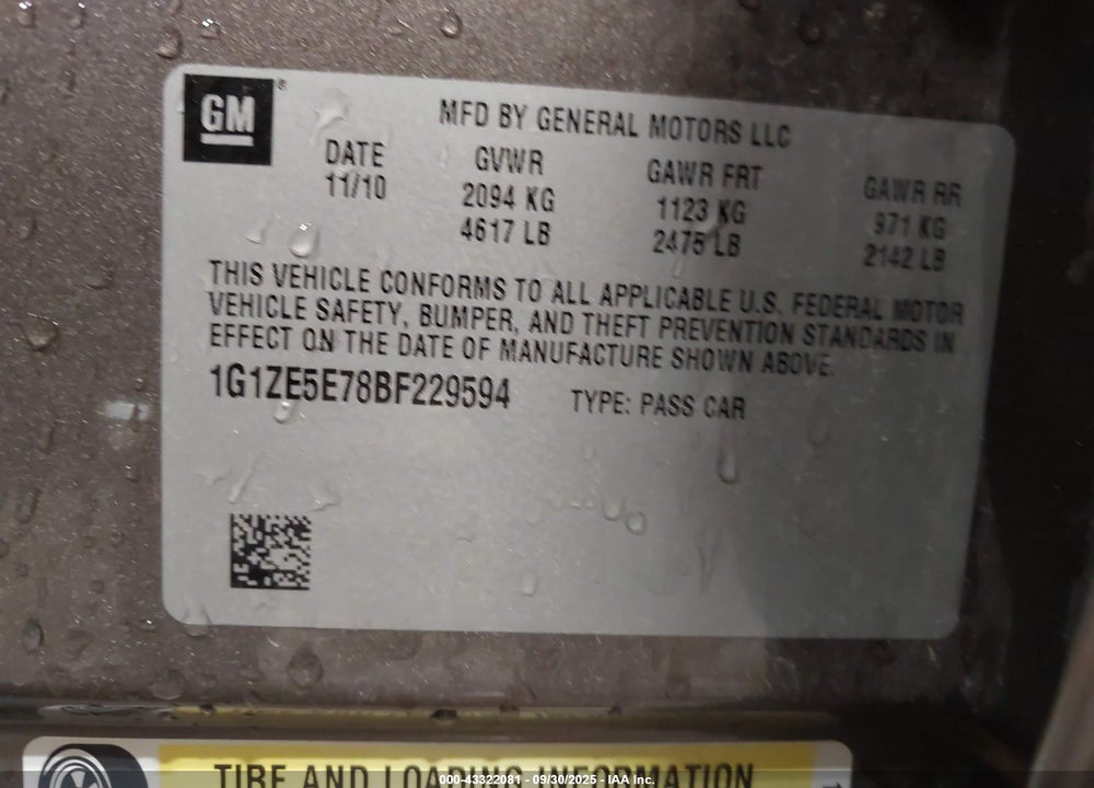 2011 CHEVROLET MALIBU LTZ VIN: 1G1ZE5E78BF229594