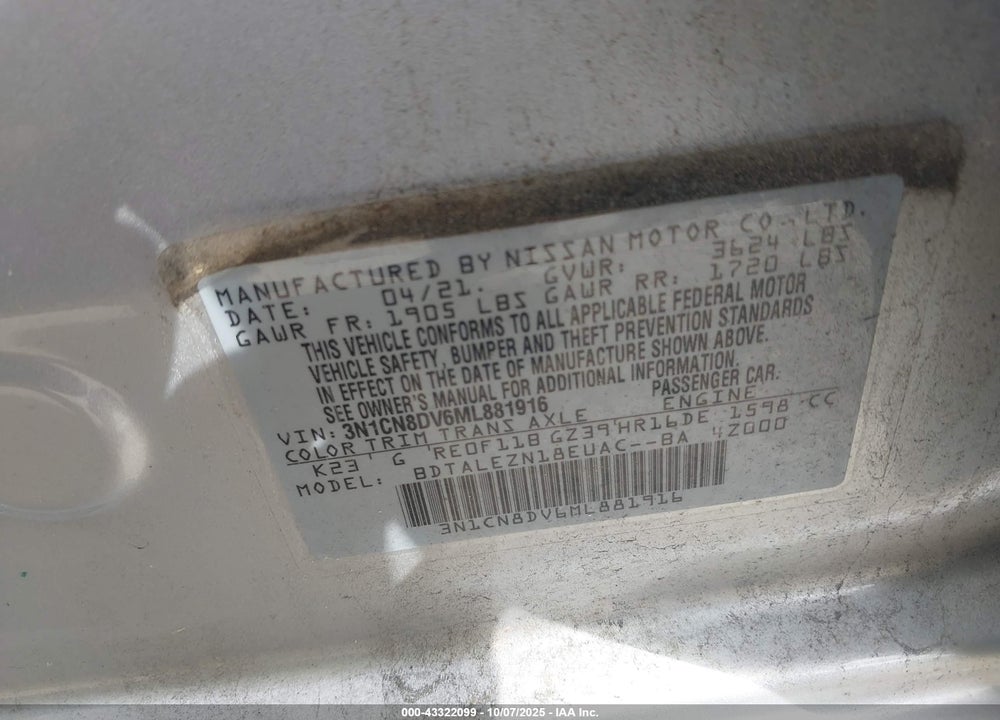 2021 NISSAN VERSA VIN: 3N1CN8DV6ML881916