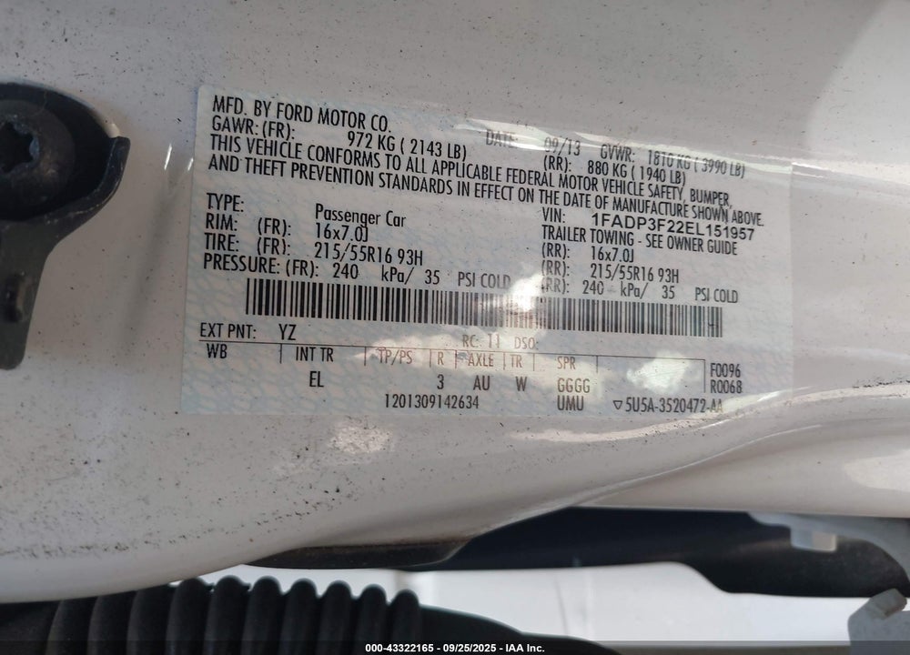 2014 FORD FOCUS VIN: 1FADP3F22EL151957