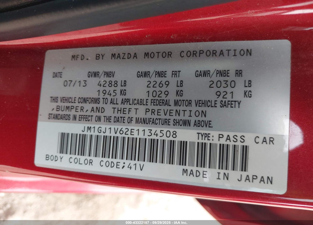 2014 MAZDA 6 I TOURING VIN: JM1GJ1V62E1134508