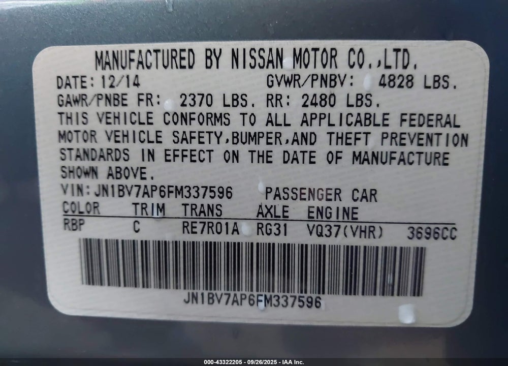 2015 INFINITI Q50 VIN: JN1BV7AP6FM337596