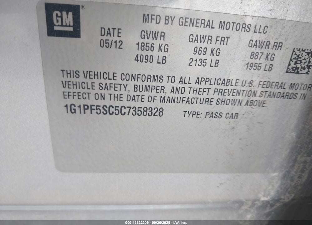 2012 CHEVROLET CRUZE VIN: 1G1PF5SC5C7358328