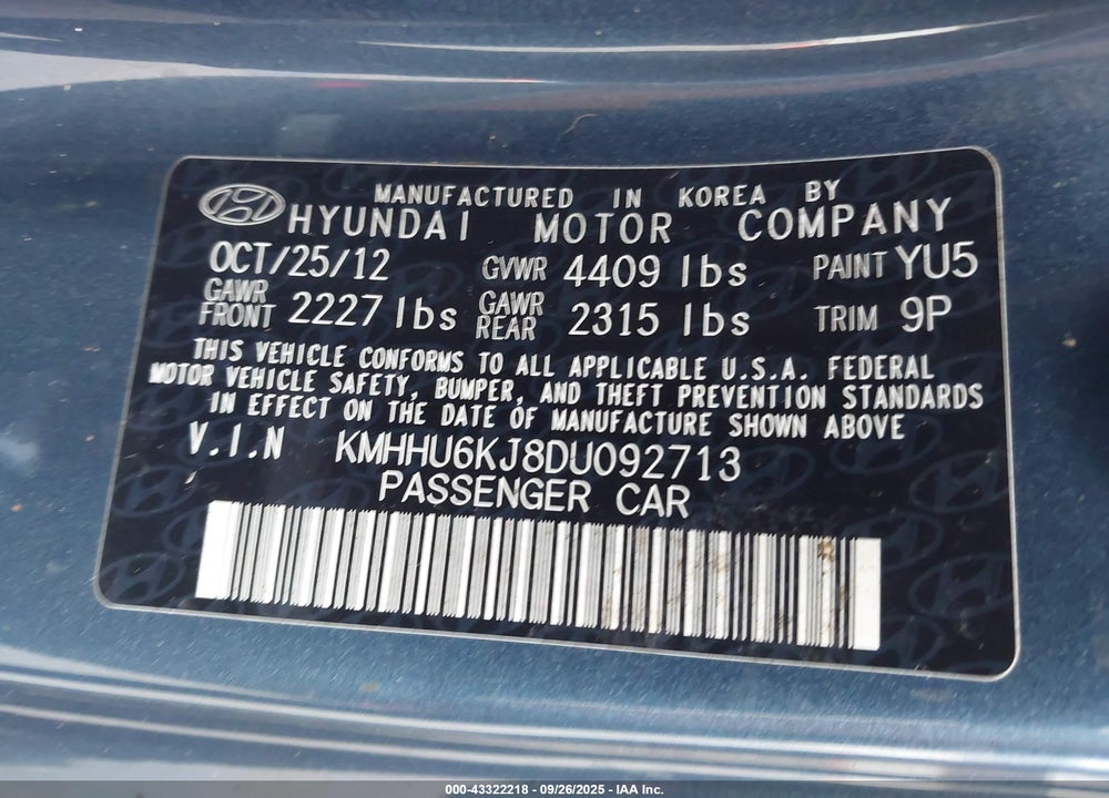 2013 HYUNDAI GENESIS VIN: KMHHU6KJ8DU092713