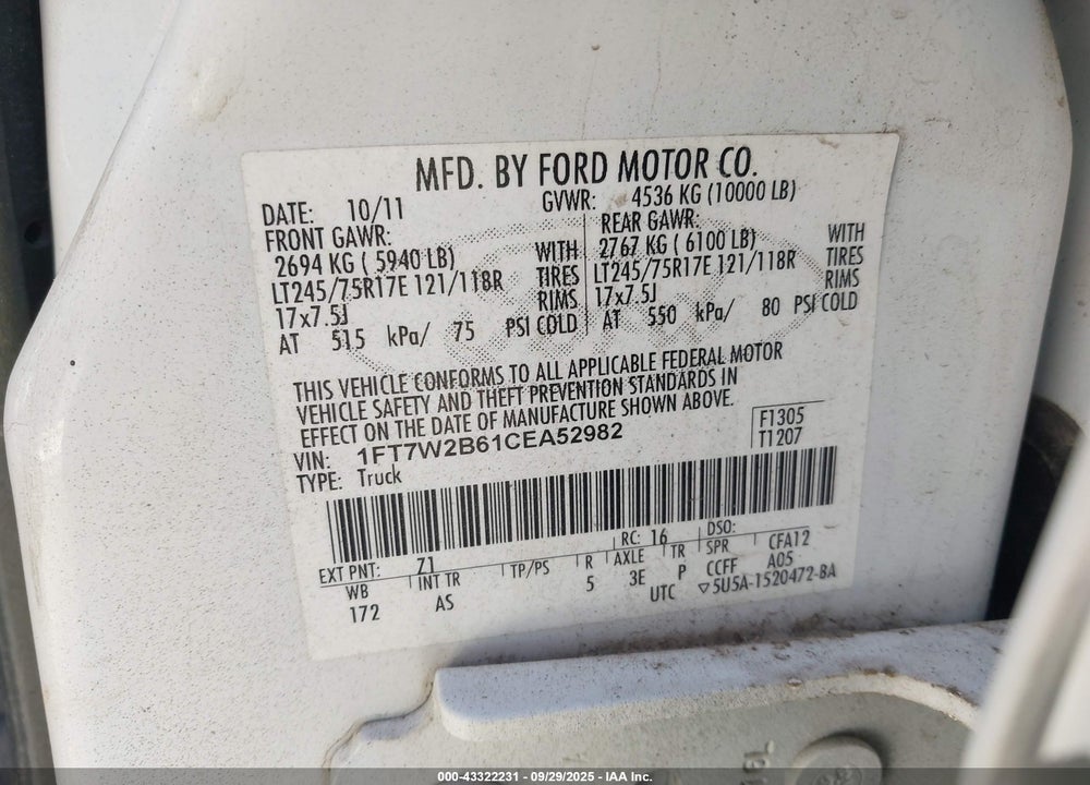 2012 FORD F-250 VIN: 1FT7W2B61CEA52982