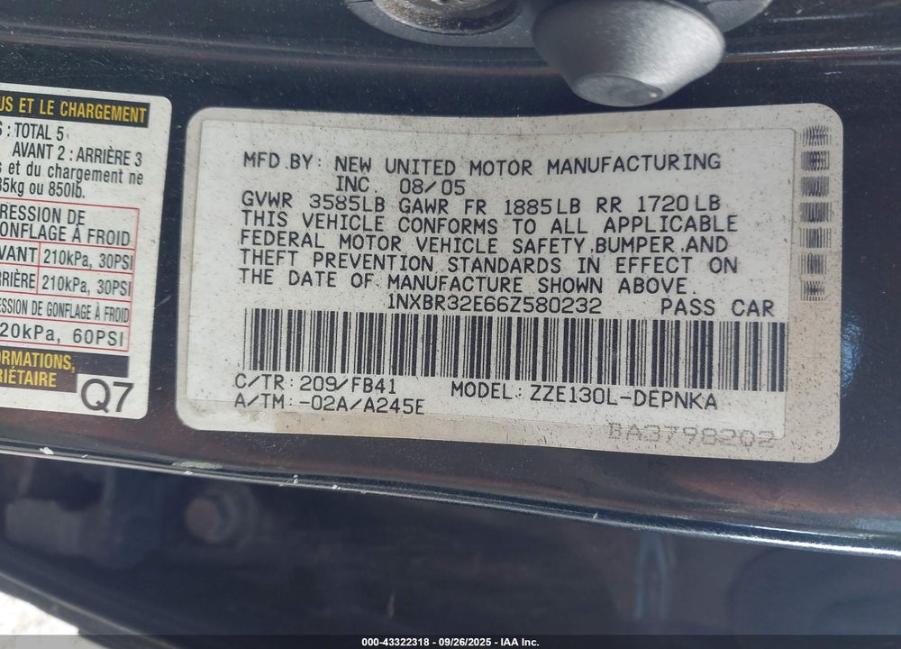 2006 TOYOTA COROLLA VIN: 1NXBR32E66Z580232