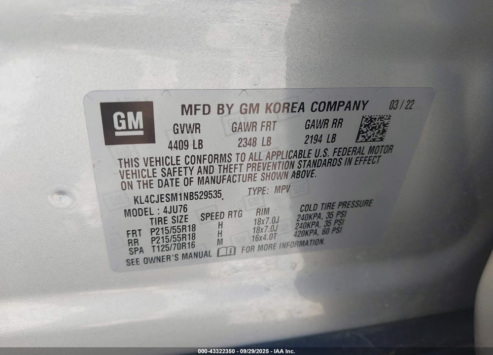 2022 BUICK ENCORE VIN: KL4CJESM1NB529535