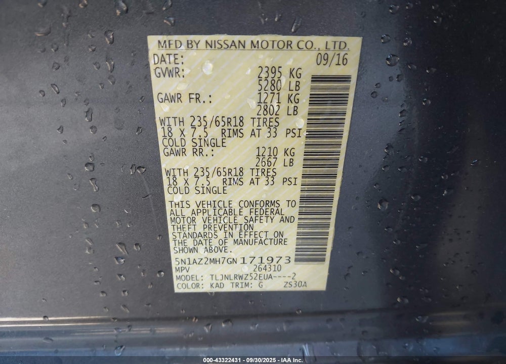 2016 NISSAN MURANO VIN: 5N1AZ2MH7GN171973