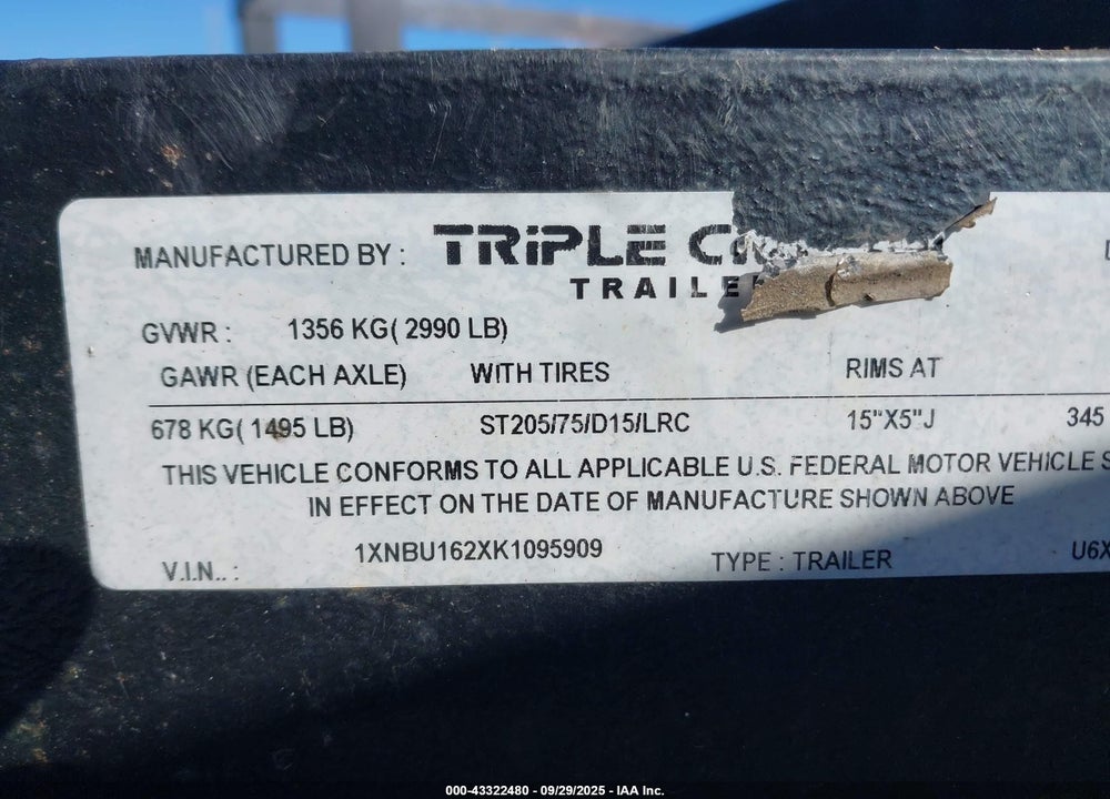 2019 TRIPLE CROWN 6X14 UTILTIY VIN: 1XNBU162XK1095909