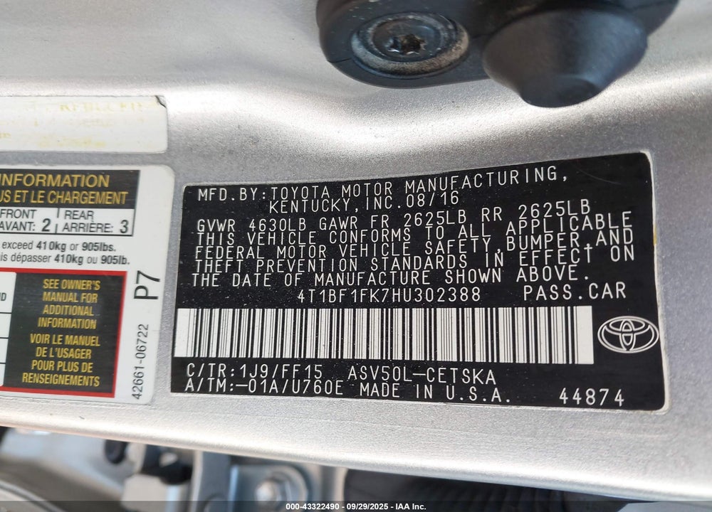 2017 TOYOTA CAMRY VIN: 4T1BF1FK7HU302388